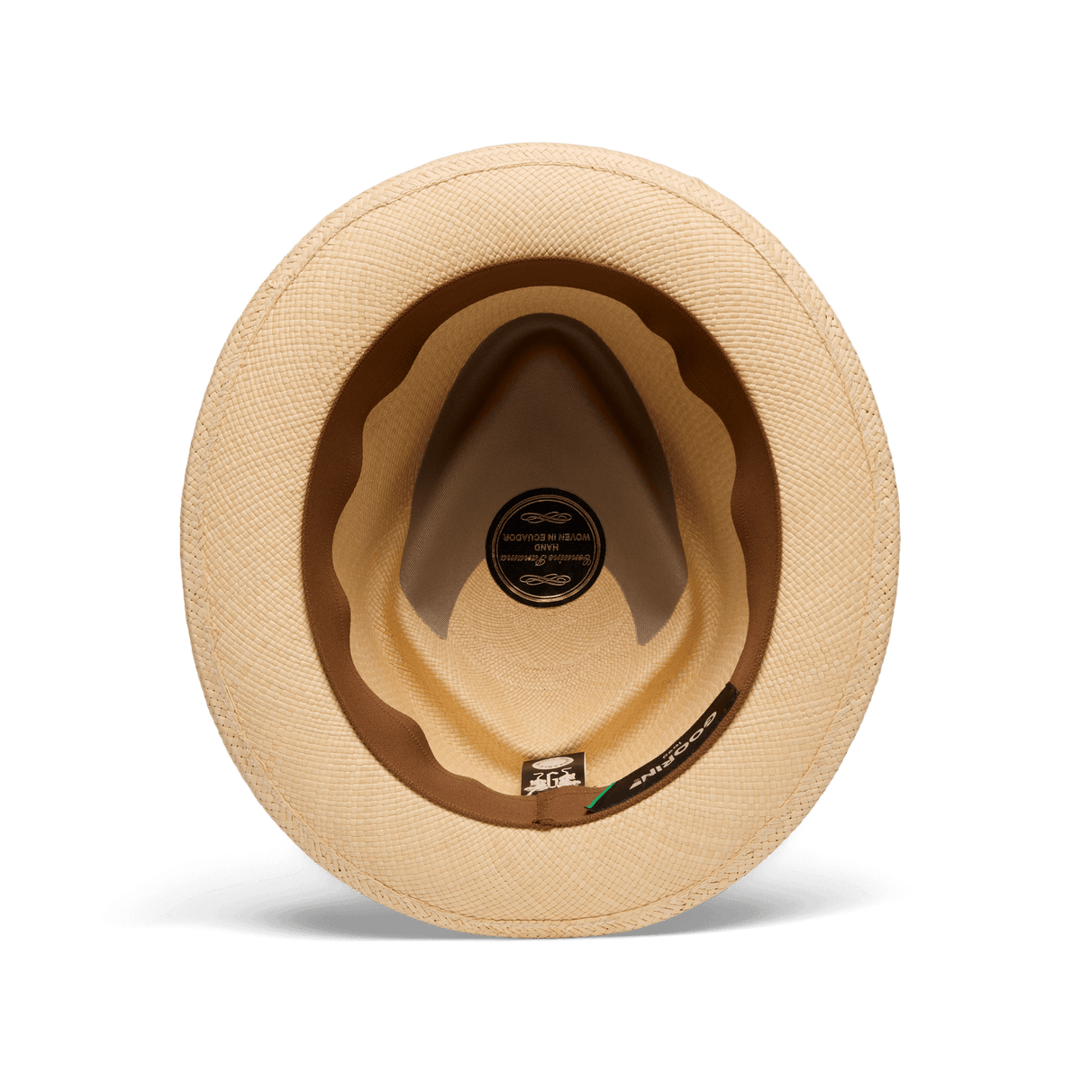 Overhead view of the That's All Folks lightweight hat by Goorin Bros., featuring the inner band, crown, and a circular brand label at the center.
