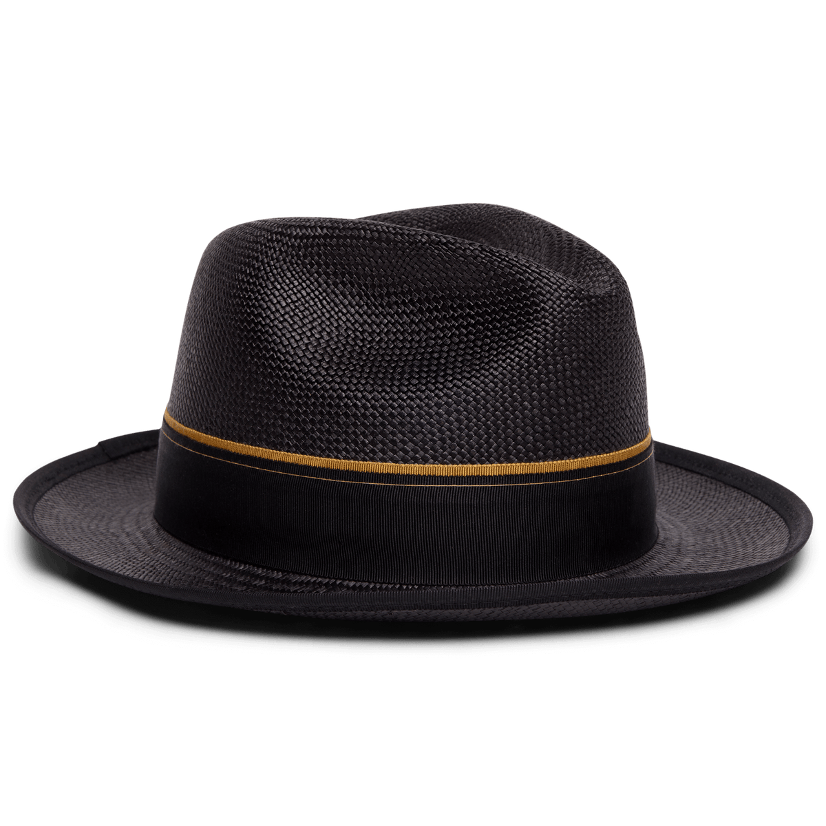 The Hartman by Goorin Bros. is a black fedora hat with a wide brim and a grosgrain band featuring a thin gold stripe, shown on a plain white background.