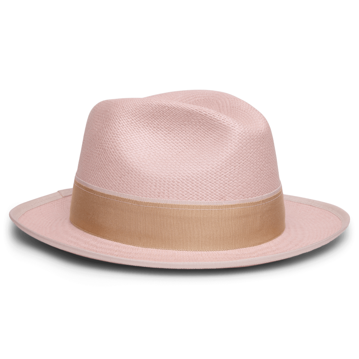The Goorin Bros. Hartman is a light pink fedora made from 100% toquilla, featuring a wide beige grosgrain band and contrasting edge binding, shown on a white background.
