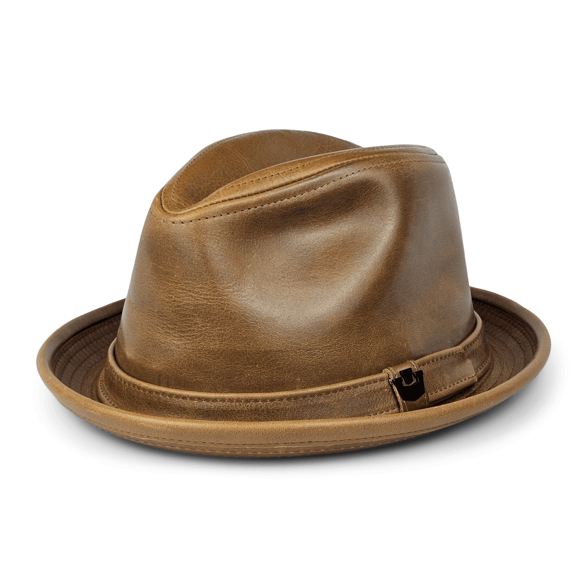 The Goorin Bros. Noble Park is a handmade in USA leather fedora with a creased crown, short brim, and a decorative band featuring a metal accent, shown against a plain white background.