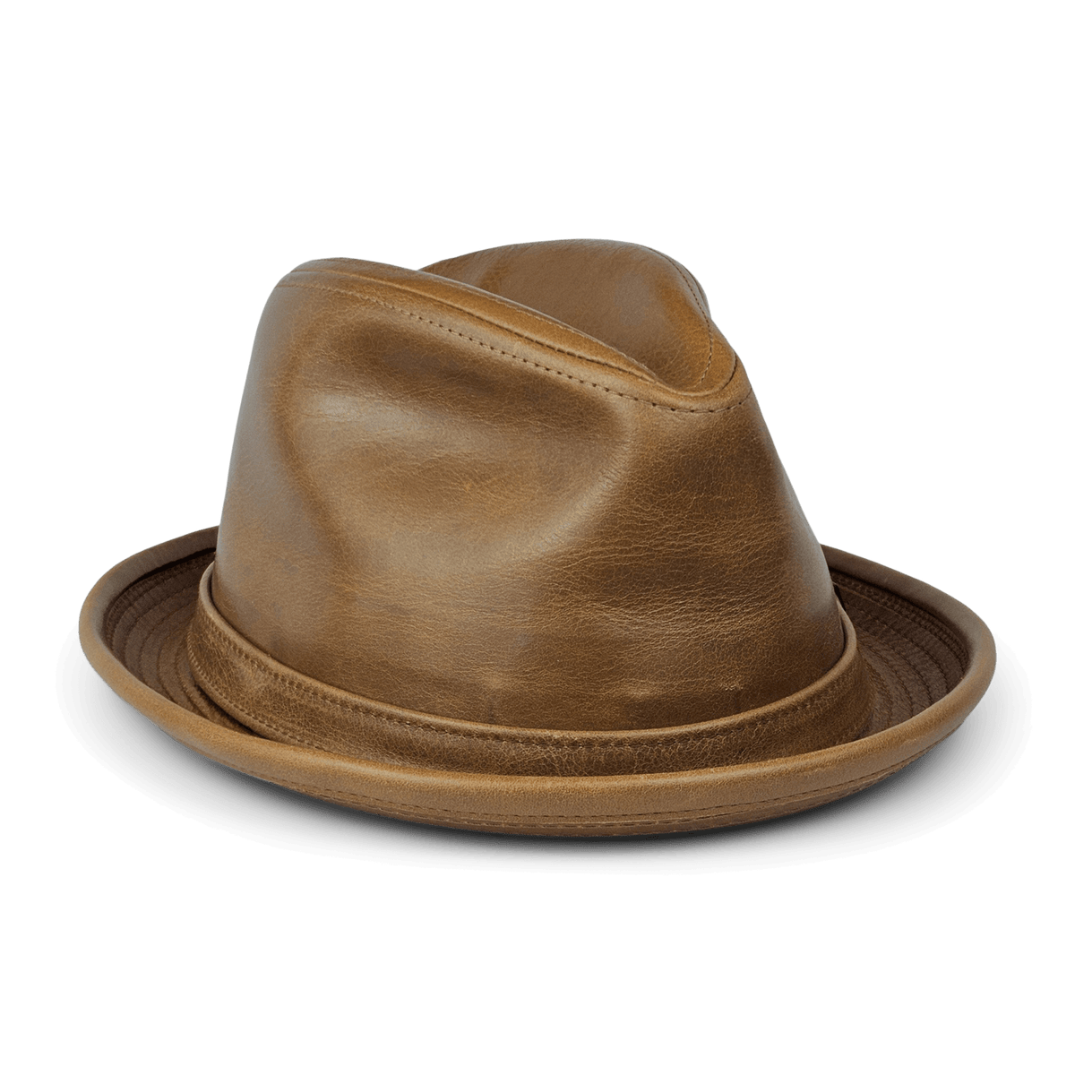 The Goorin Bros. Noble Park is a brown leather fedora with a pinched crown and short, upturned brim, shown on a plain white background. This structured hat blends durability with timeless style.
