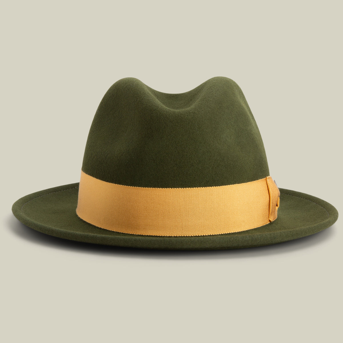 Dean the Butcher by Goorin Bros. is a PALM-colored American-made fedora featuring a wide yellow grosgrain hatband, shown on a neutral background.