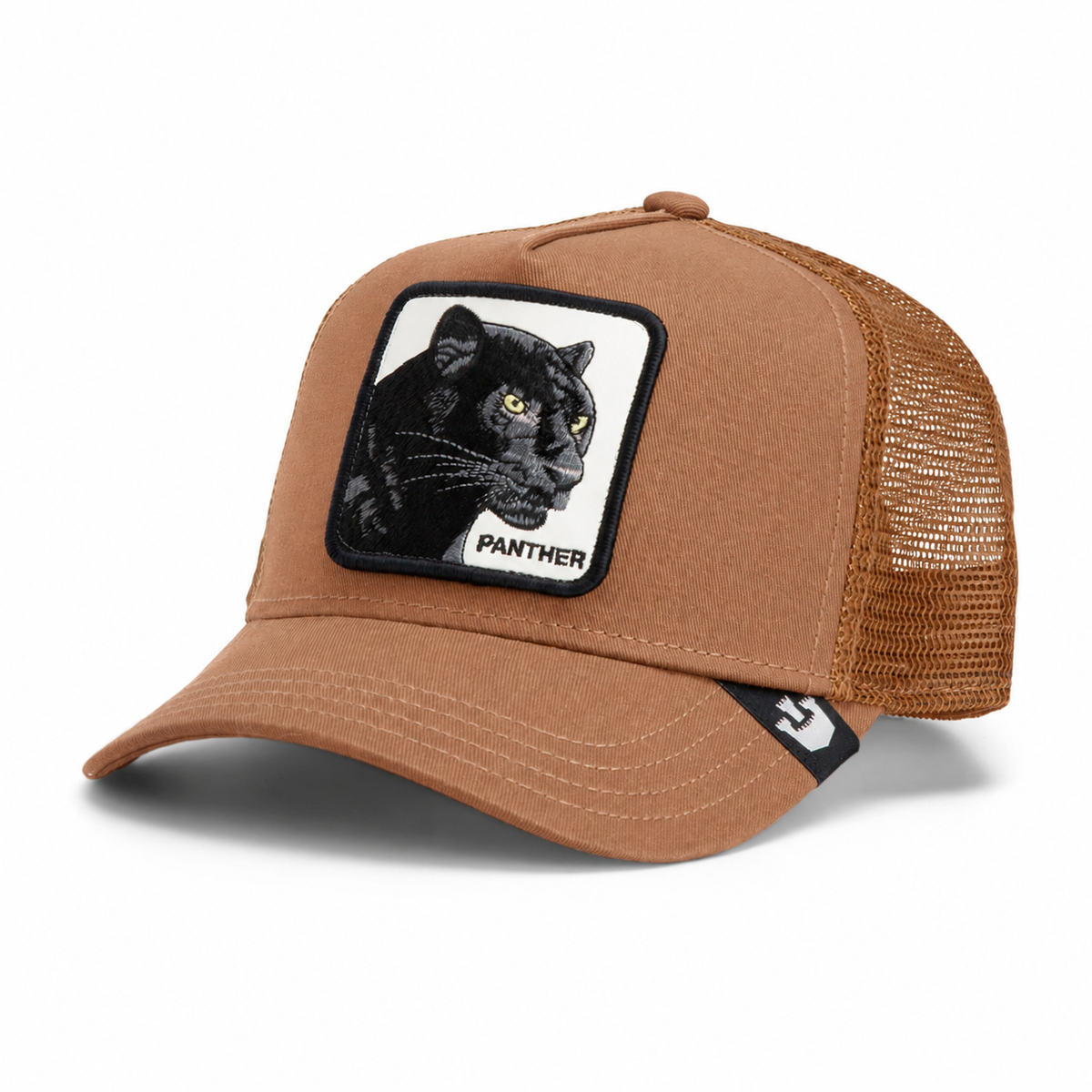 The Panther by Goorin Bros. is a brown mesh trucker hat from The Farm collection, featuring a front patch with an embroidered black panther head and the word "PANTHER" below it, making it a standout accessory.