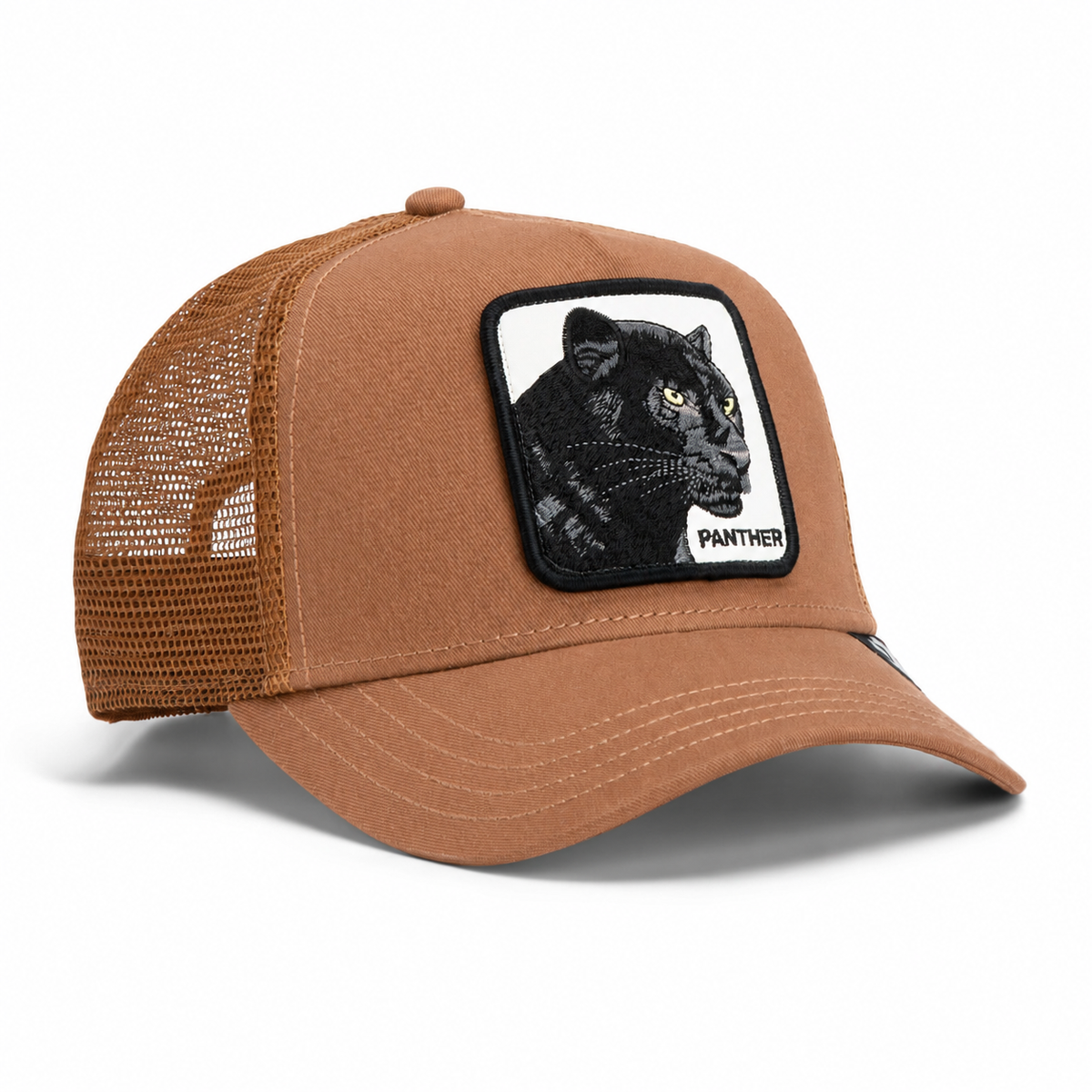 Goorin Bros. The Panther is a brown mesh trucker hat featuring a curved brim and a front patch with an embroidered black panther and the word "PANTHER," inspired by The Farm’s signature style.