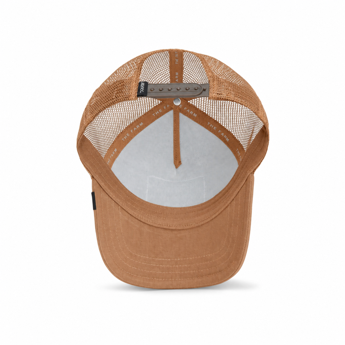 A top-down view of The Panther trucker hat by Goorin Bros. showcases its brown mesh back, downward-facing brim, and visible adjustable strap.