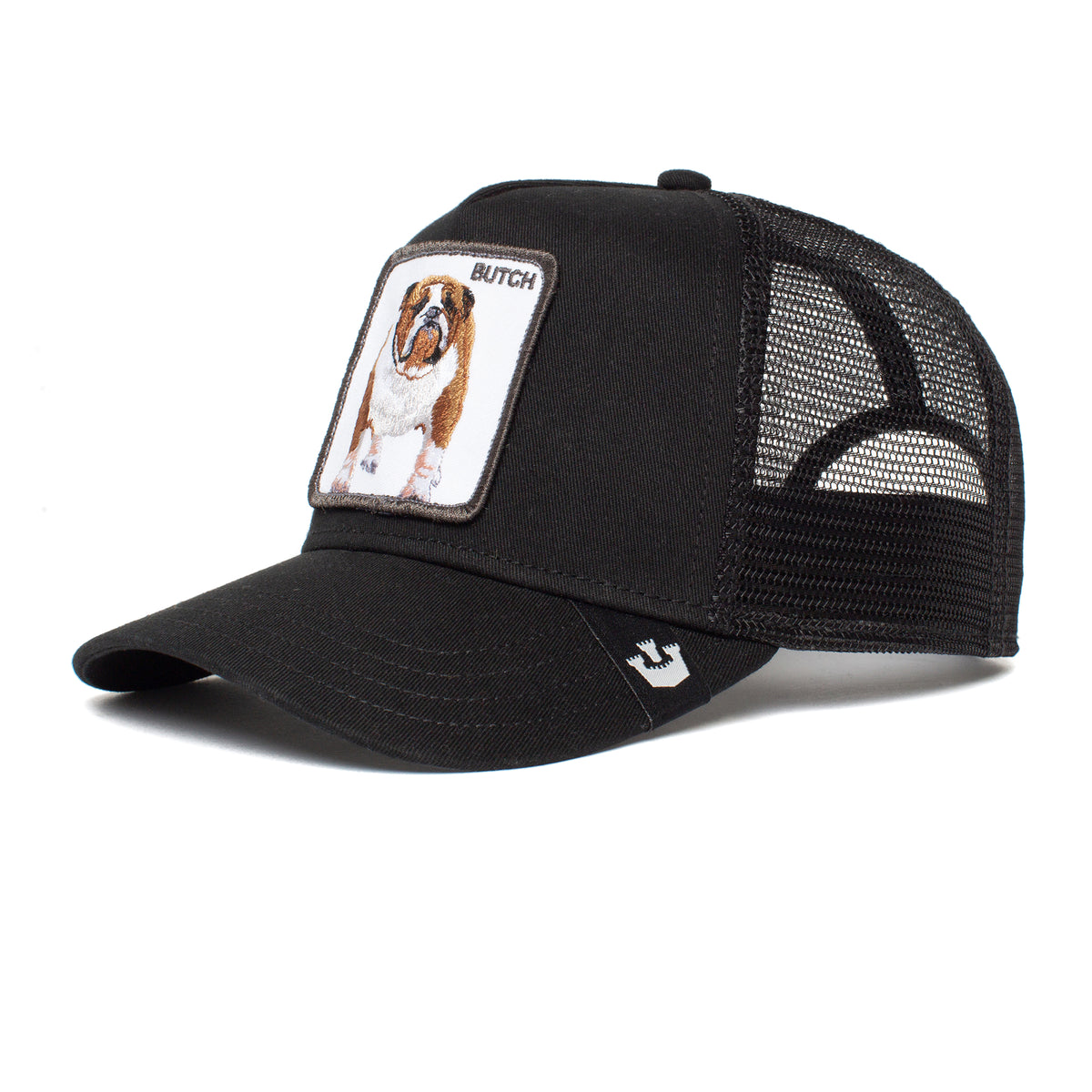 The Farm's "The Butch" is a black mesh trucker hat with a front patch showing an embroidered dog and "BUTCH." All sales are final.