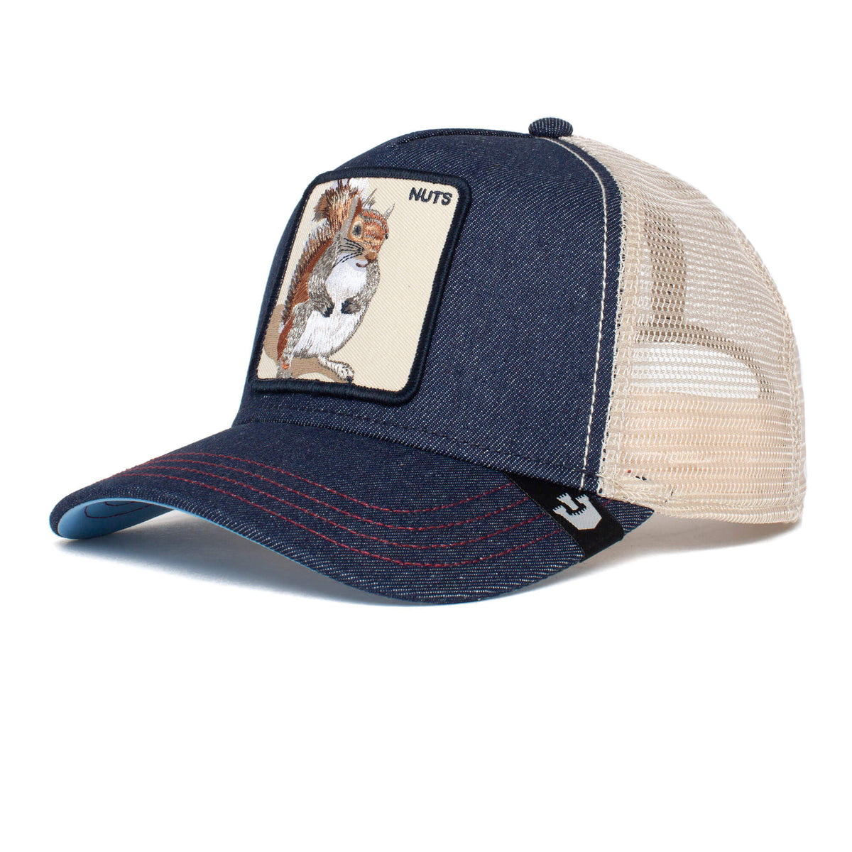 Introducing The Nuts Squirrel, a blue and beige mesh trucker hat from The Farm, featuring a front patch with an illustrated nutty squirrel and the word “NUTS”—perfect for showing off wherever you go. Please note, all sales are final.