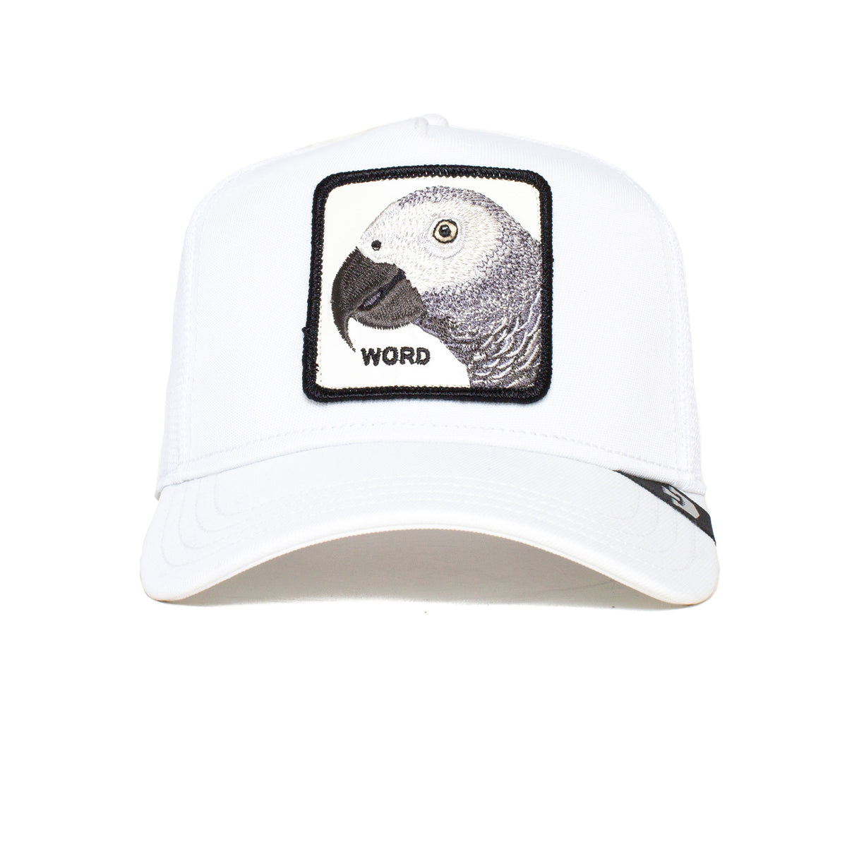 The Farm Platinum Word white baseball cap features a rectangular patch with an embroidered parrot head and "WORD" below it; all sales are final.