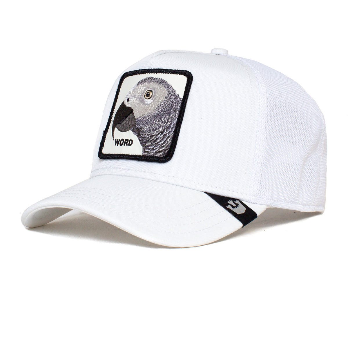 Platinum Word by The Farm: a white baseball cap with a detailed parrot patch and “WORD” on the front. All sales final.