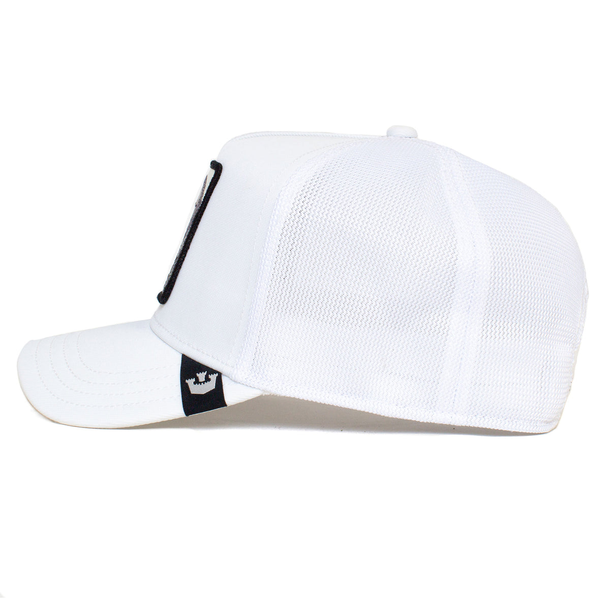 The Farm Platinum Word white mesh trucker hat, shown side view with a black patch on the left and a small black tag above the brim; all sales are final.