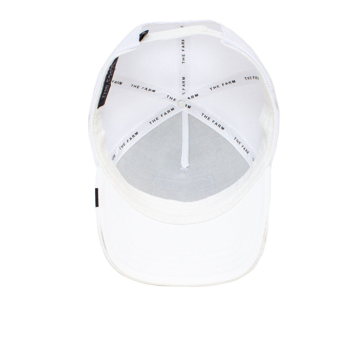 Top view of the Platinum Word cap by The Farm, highlighting inner stitching, mesh panels, and a label with THE FARM text. Please note: All sales are final.