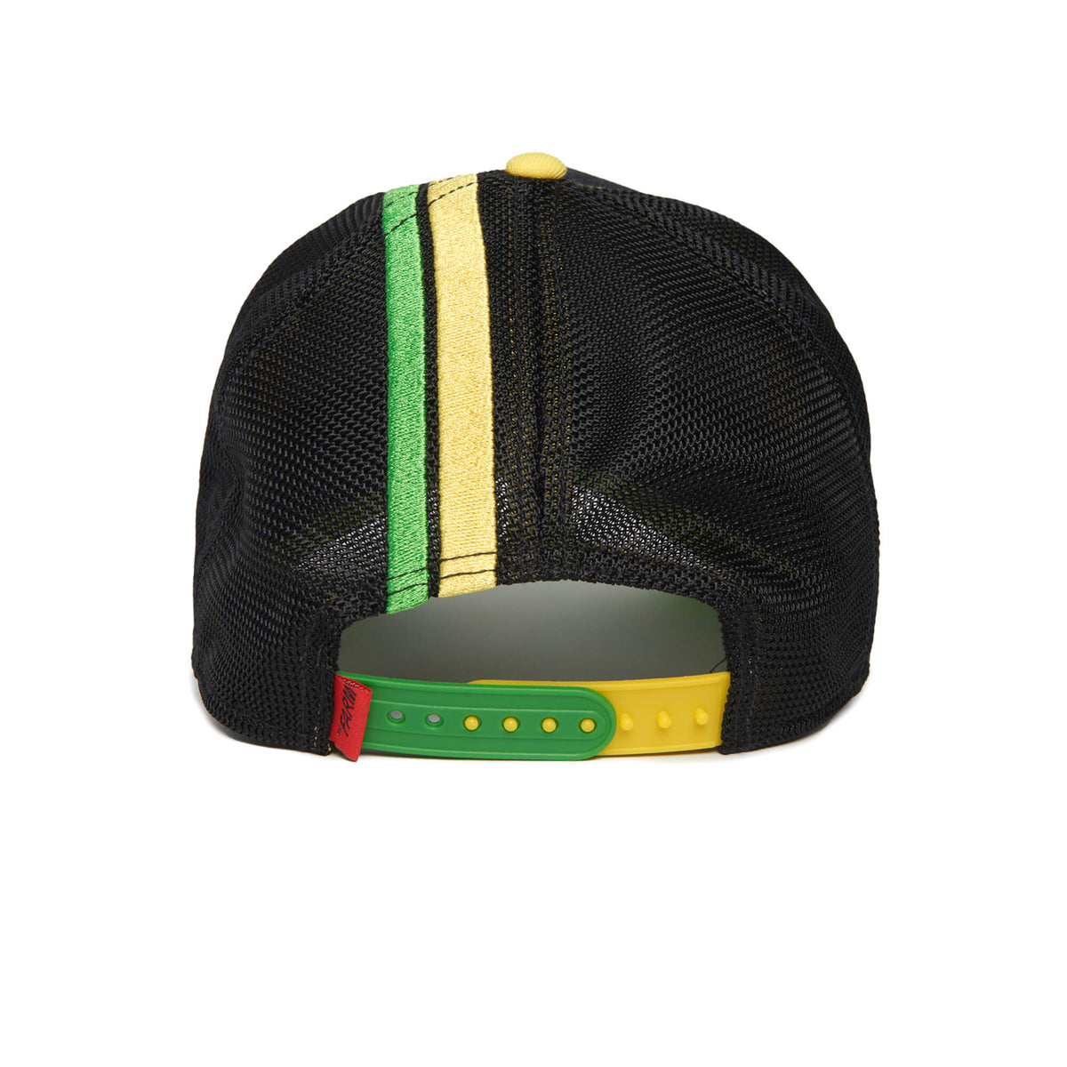 Back view of The Farm’s DANGEROUSLY black premium mesh snapback hat featuring green and yellow stripes, a matching green and yellow adjustable strap, and a comfortable terrycloth sweatband.