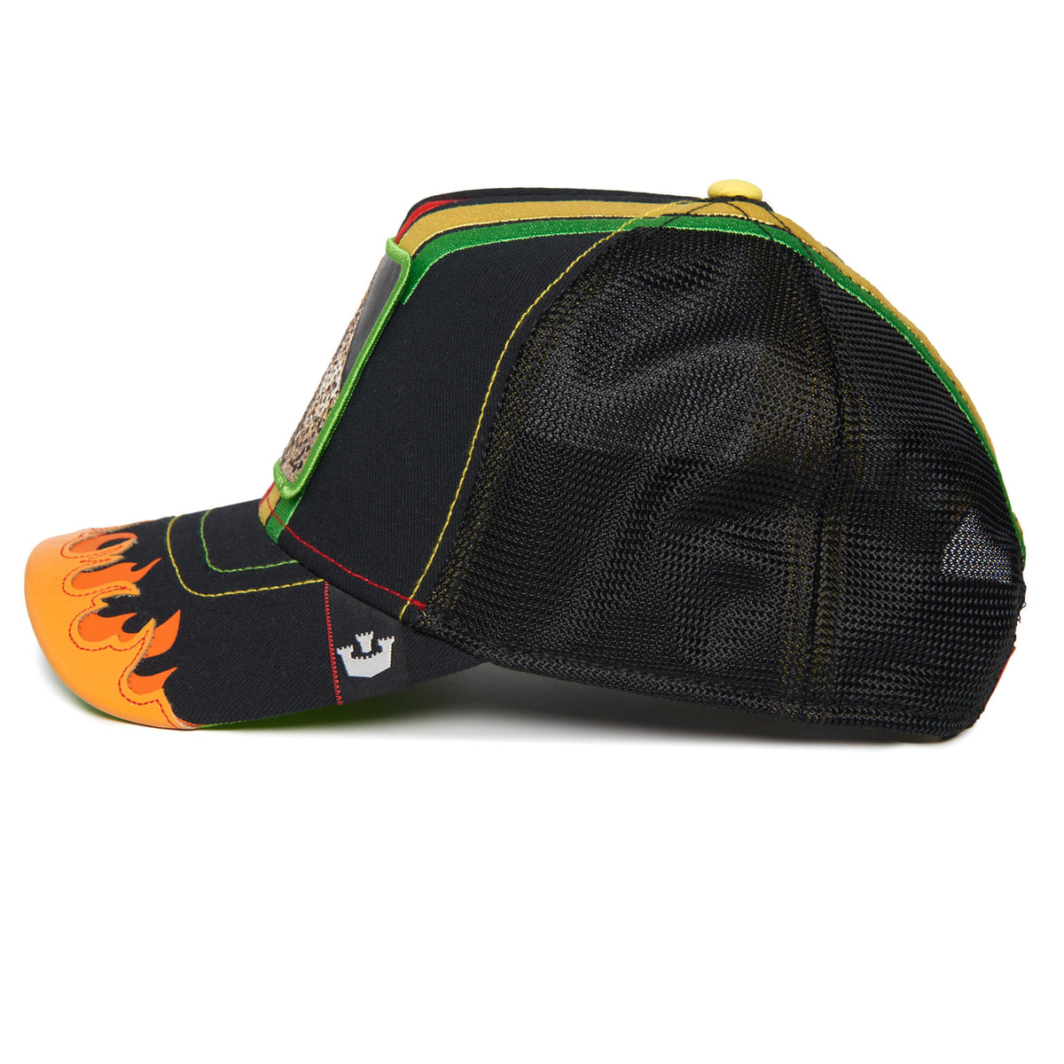 The Farm “DANGEROUSLY” cap features a black premium mesh construction with an orange flame design on the brim, green and yellow accents, and a distinctive patch on the front. Includes a comfortable terrycloth sweatband. Side view shown.