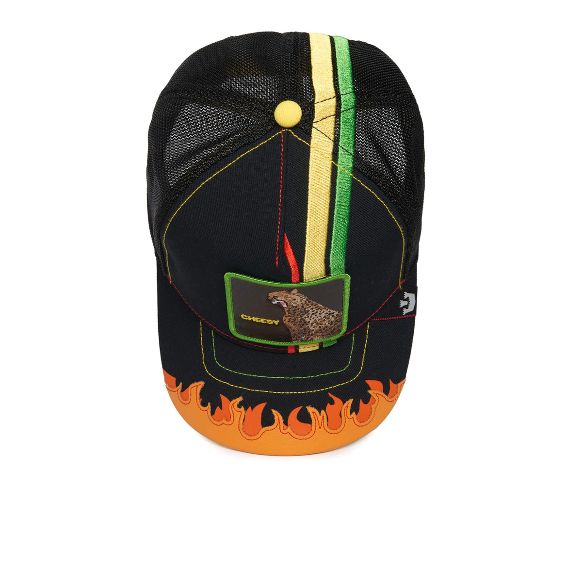 Introducing the DANGEROUSLY trucker hat by The Farm: crafted with premium black mesh for breathability, this hat features bold yellow, green, and red stripes accented by a cheetah patch and an orange flame design on the brim. Designed for comfort, it includes a soft terrycloth sweatband for all-day wear.