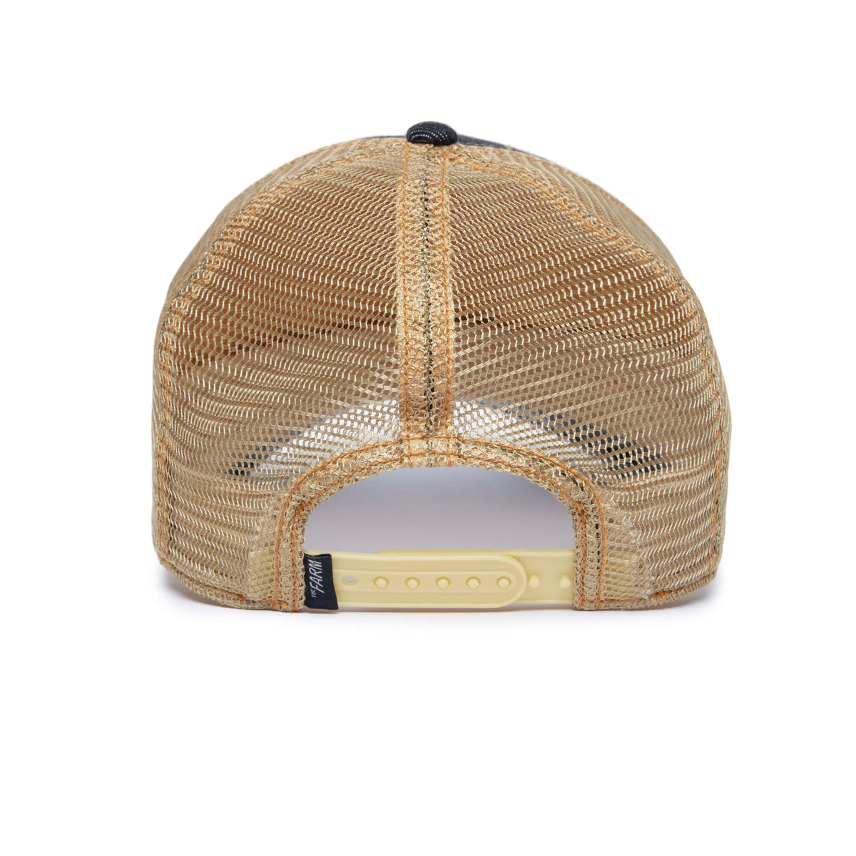 Back view of The Farm MODEL NO. 5741110N, a tan mesh trucker hat featuring a plastic adjustable snap closure and a small black woven tag on the left side.