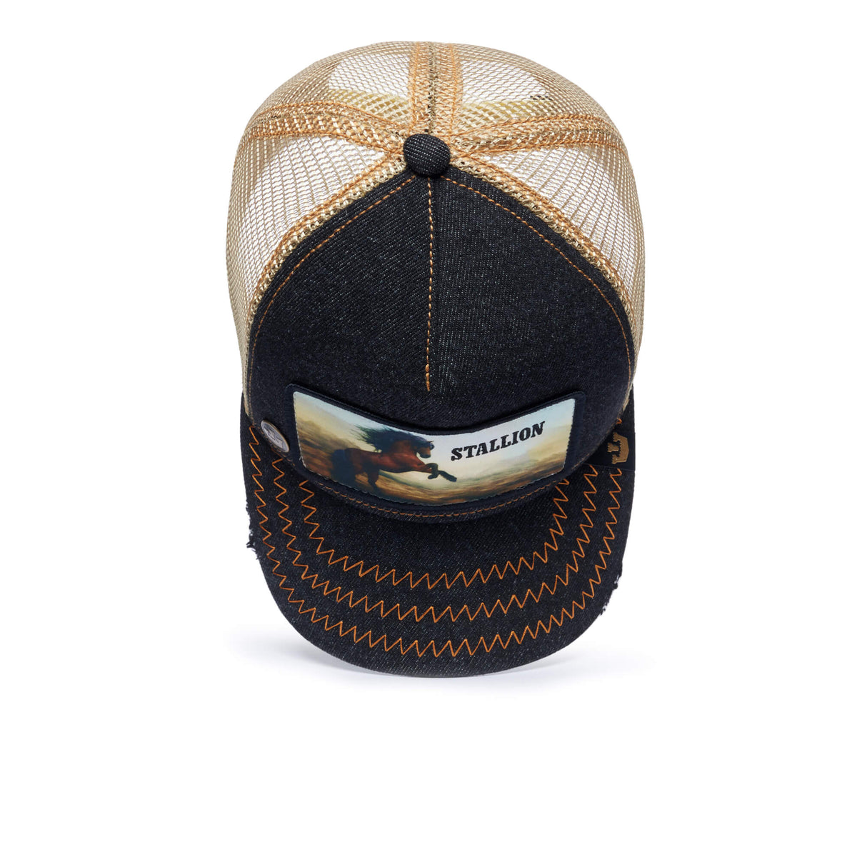 Front view of The Farm MODEL NO. 5741110N trucker cap, featuring tan mesh, a dark brim, orange stitching, and a patch with a horse—your trustworthy steed—and the word “STALLION” on the crown. All sales are final.