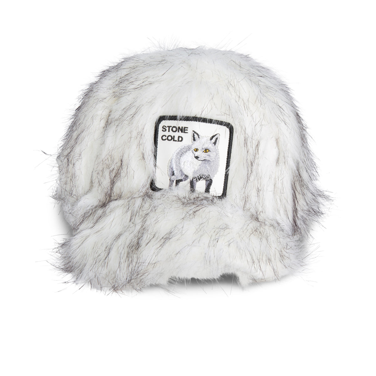 The Faux Fox hat by Goorin Bros. is a white faux fur accessory with grey accents, featuring a patch of an arctic fox and the words “STONE COLD” embroidered above the animal—perfect for making a bold fashion statement.