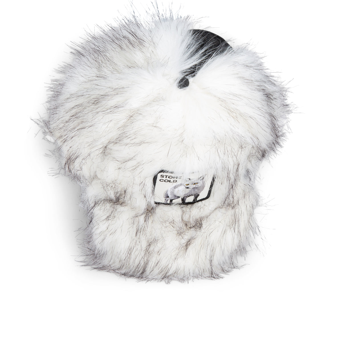 The Goorin Bros. Faux Fox hat, featuring white and gray faux fur and a tag attached, is photographed against a plain white background—an ideal bold fashion accessory for winter.
