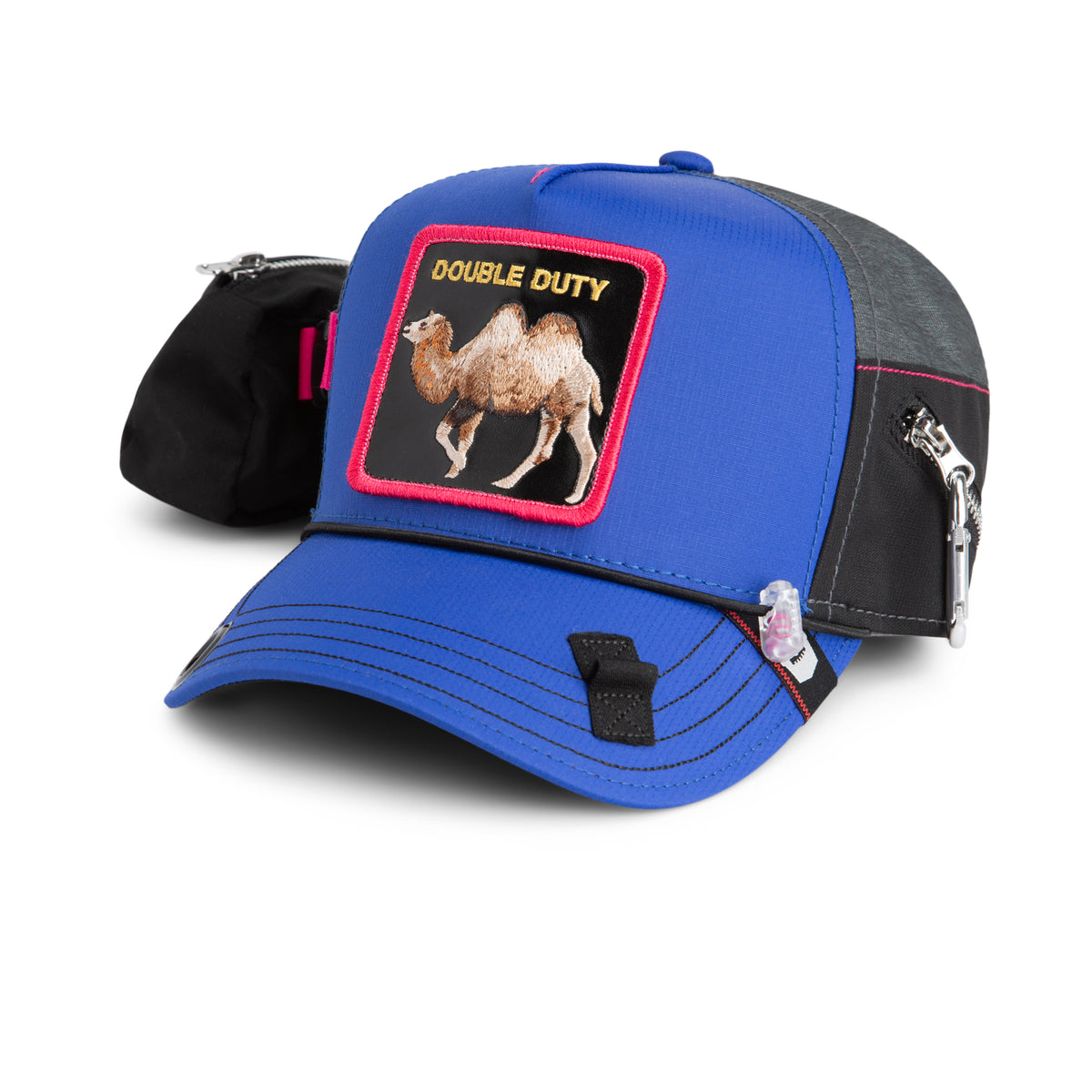 Blue and black cap from The Farm, called the Oversized Package, with a patch featuring a camel and the words DOUBLE DUTY, extra-wide brim for enhanced sun protection, zippers, and an attached mini pouch on the side.