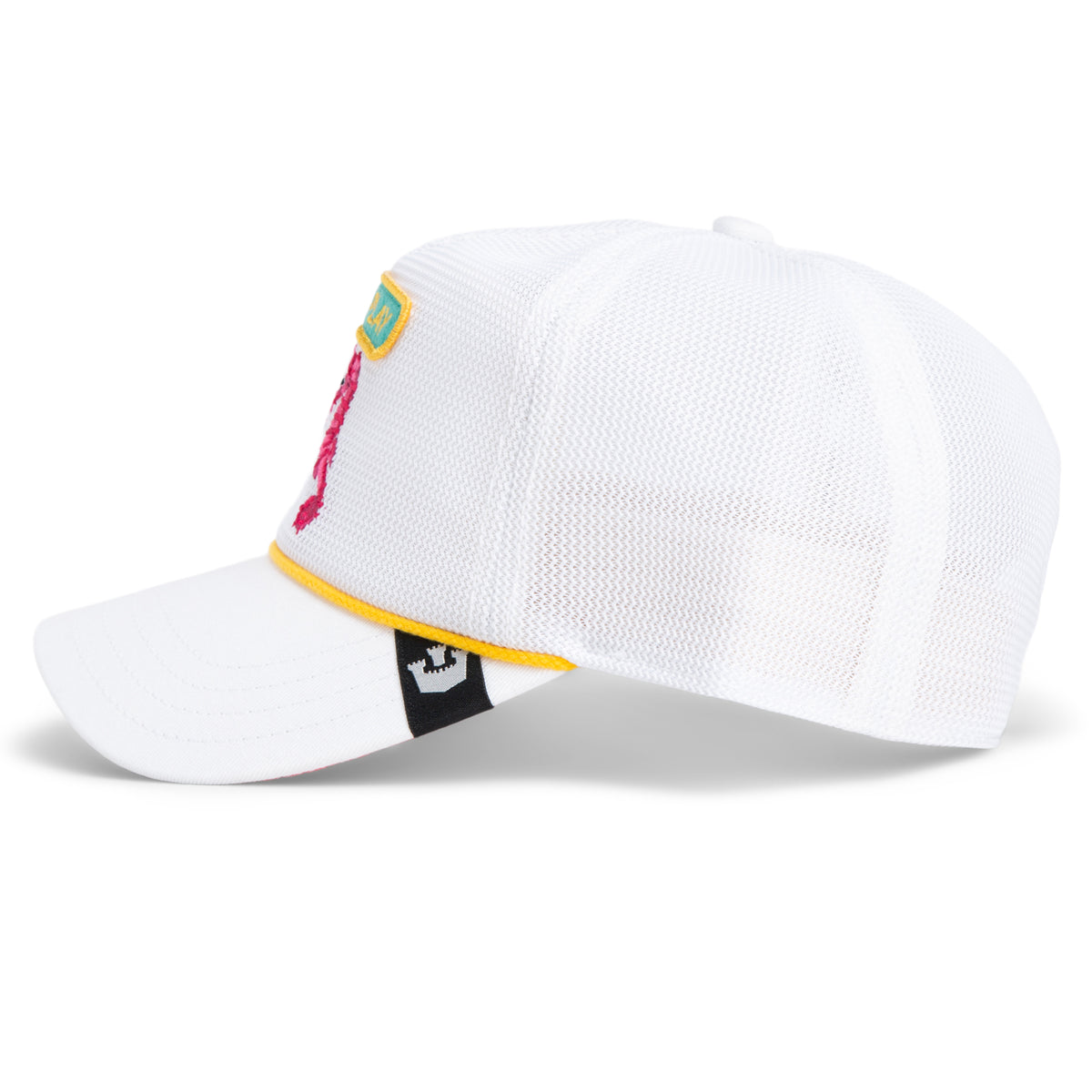 The Goorin Bros. Aquapals is a white embroidered mesh hat with yellow trim, colorful front patches, and a black-and-white tag on the brim—perfect as a fun beach surf accessory.