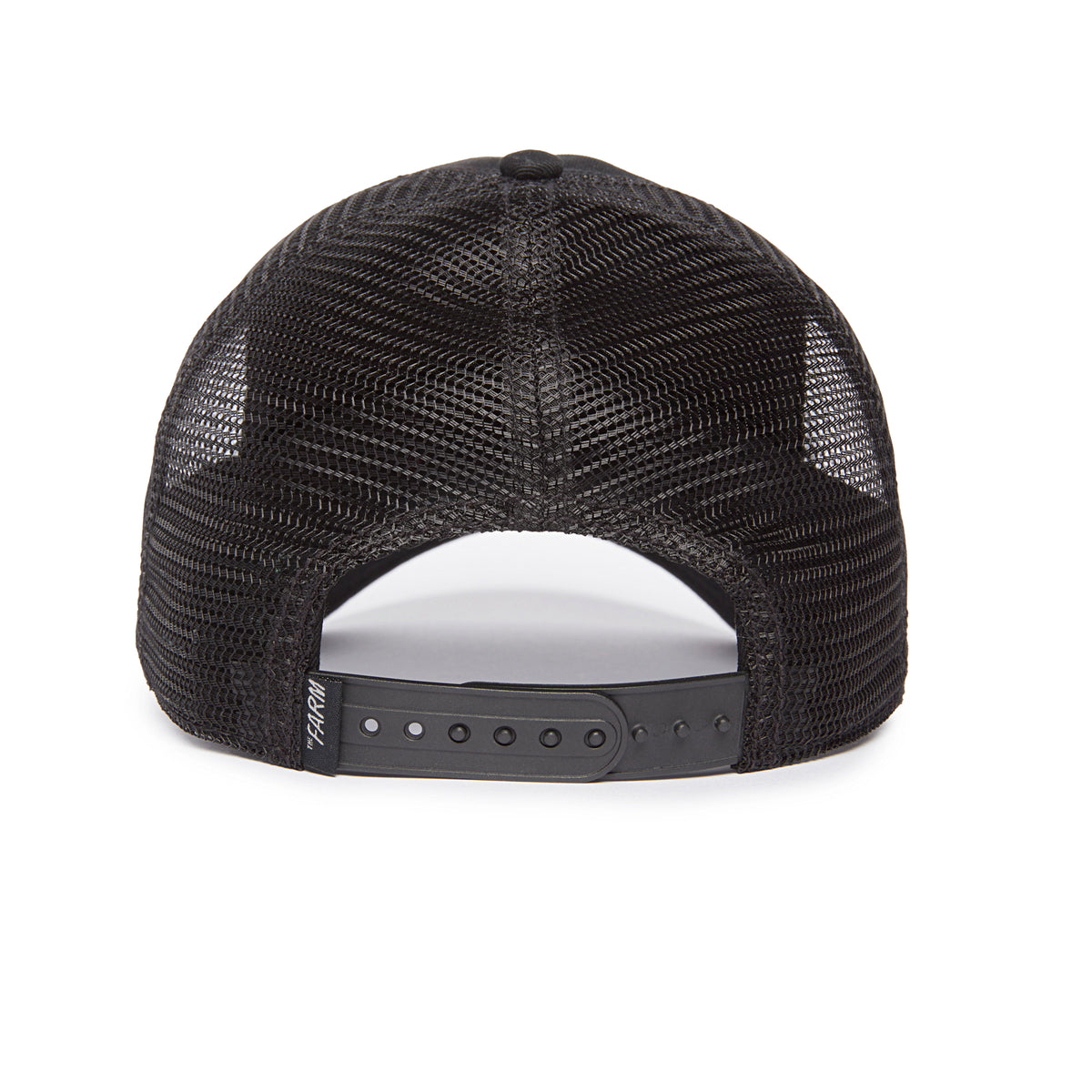 Back view of the Goorin Bros. Soft Pack black mesh trucker cap featuring an adjustable snapback closure, delivering a mildly remarkable blend of style and comfort. All sales are final.