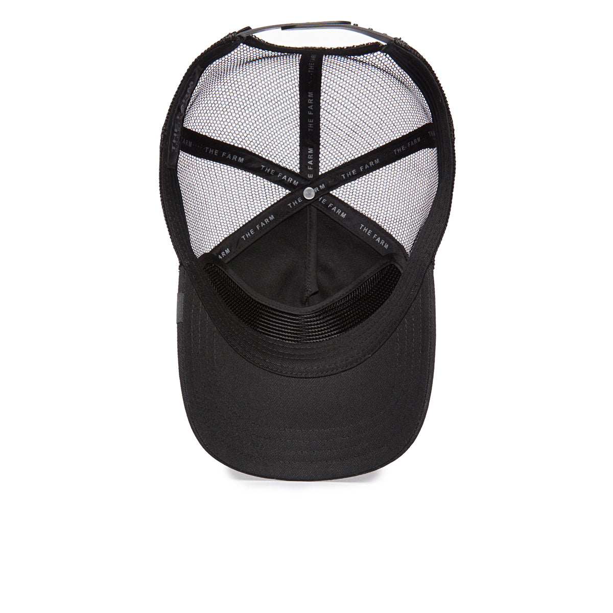 Soft Pack by Goorin Bros. black mesh trucker hat shown from above, highlighting the subtly impressive interior structure, adjustable strap, and Goorin Bros. branding along the inside seams. All sales are final.