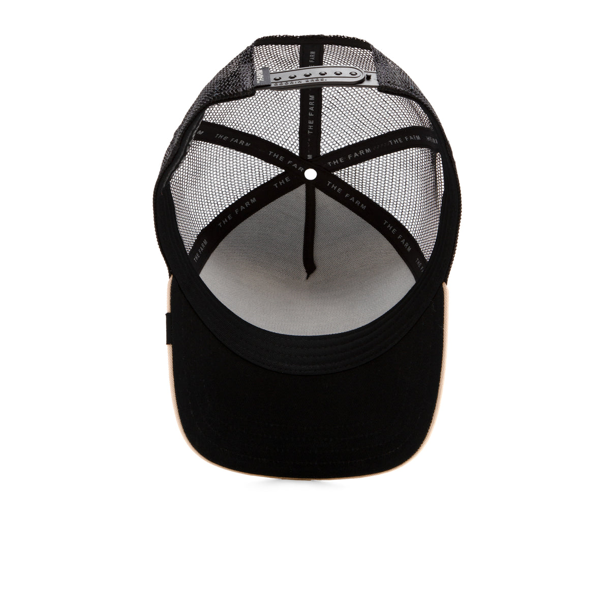 A black trucker hat from The Farm, known as The Guard Dog, viewed from above to display its mesh back, adjustable snap closure, and THE FARM text on the inner sweatband—a loyal and protective addition with a commanding presence in any hat collection.