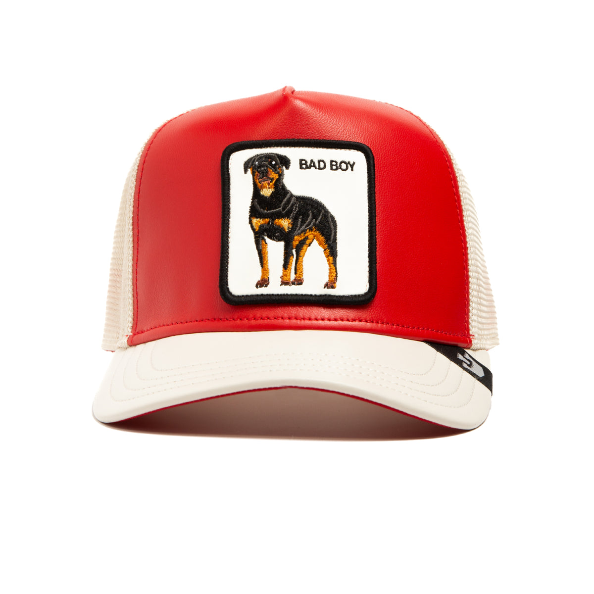 The Shleather Boy trucker hat by The Farm is a bold red and white accessory featuring a patch of a Rottweiler and the text BAD BOY on the front panel, bringing tough style to any look.