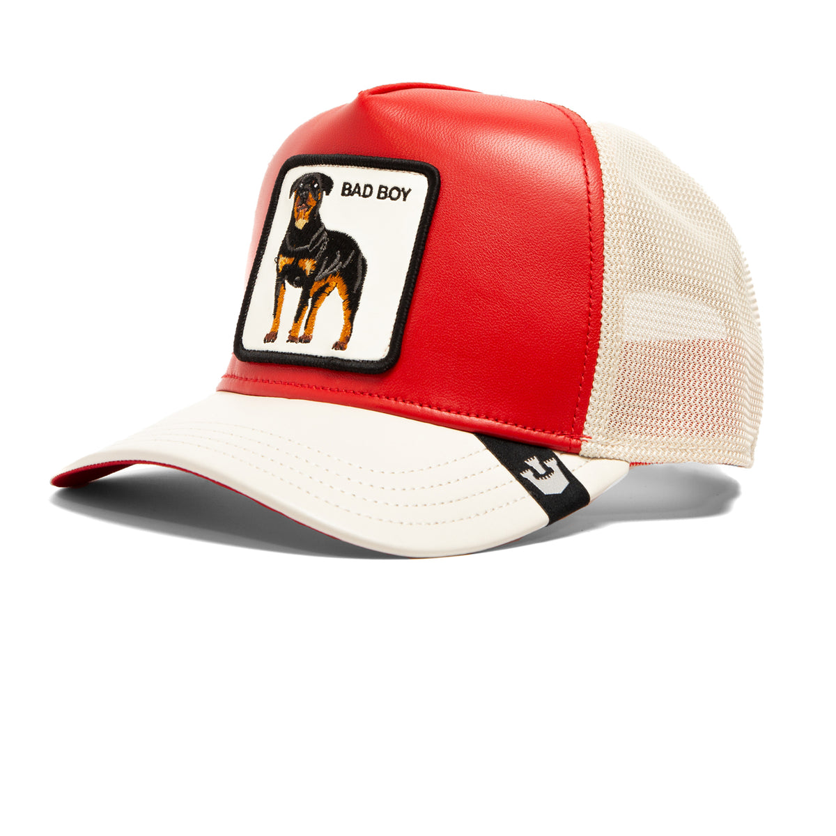 The Farm’s Shleather Boy is a red and white trucker hat with a mesh back, featuring a patch of a Rottweiler and the bold BAD BOY text on the front—a standout fashion accessory for anyone who loves tough style.