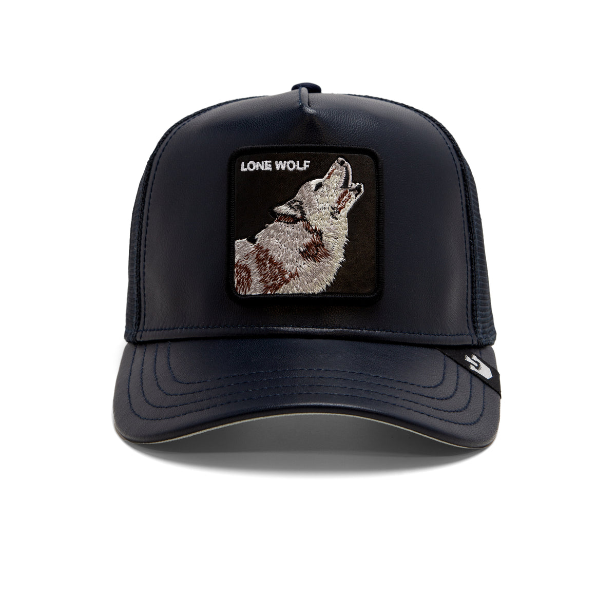 The Shleather Wolf trucker hat by The Farm features a dark blue design with a front patch depicting a howling wolf and the words “LONE WOLF,” photographed against a white background—a stylish choice for those who appreciate stealthy, on-trend fashion.