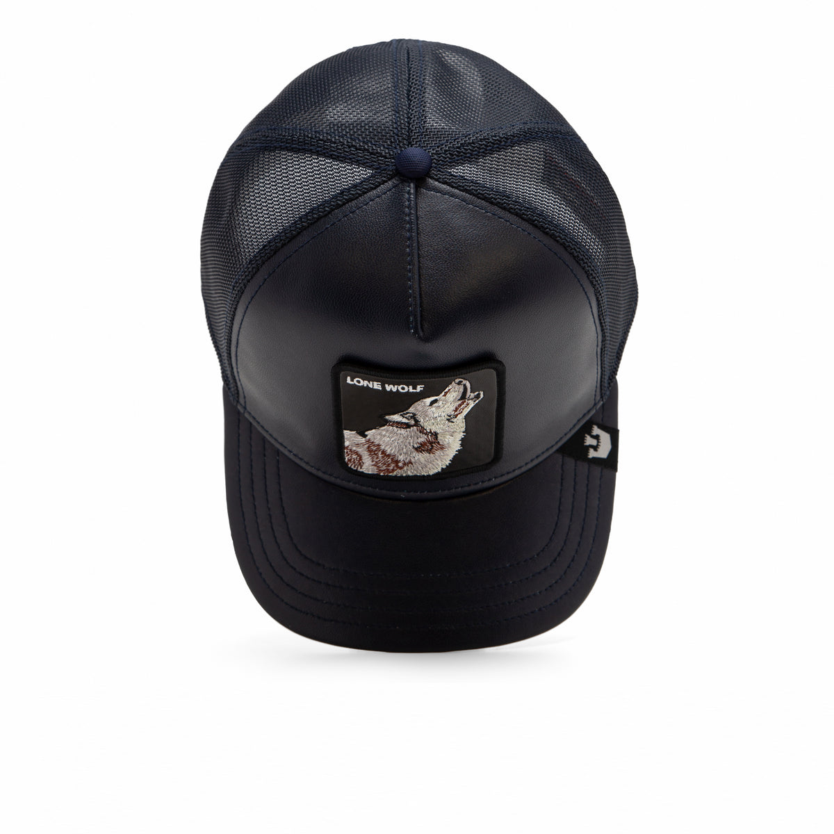 The Shleather Wolf by The Farm is a black mesh trucker hat featuring a front patch with an embroidered wolf and the text “LONE WOLF” above it—an ideal pick for those who appreciate trendy fashion and stealthy style.