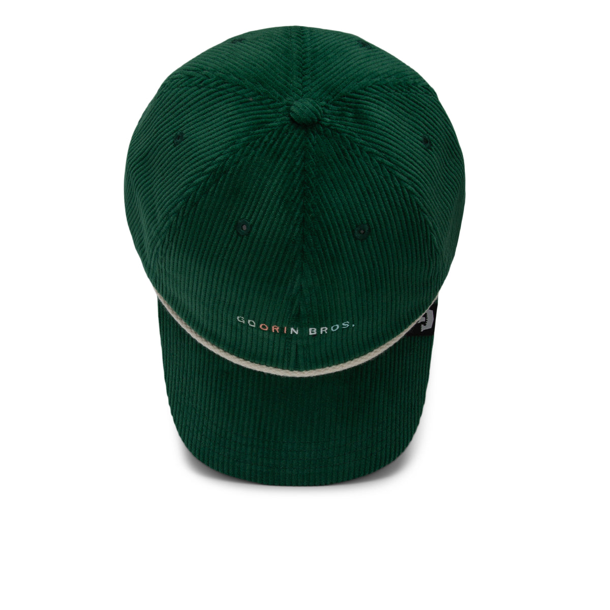 A green wide wale corduroy baseball cap from Goorin Bros., The Clubhouse features a white rope detail above the brim and “Goorin Bros.” text on the front, embodying quiet luxury and photographed against a white background.