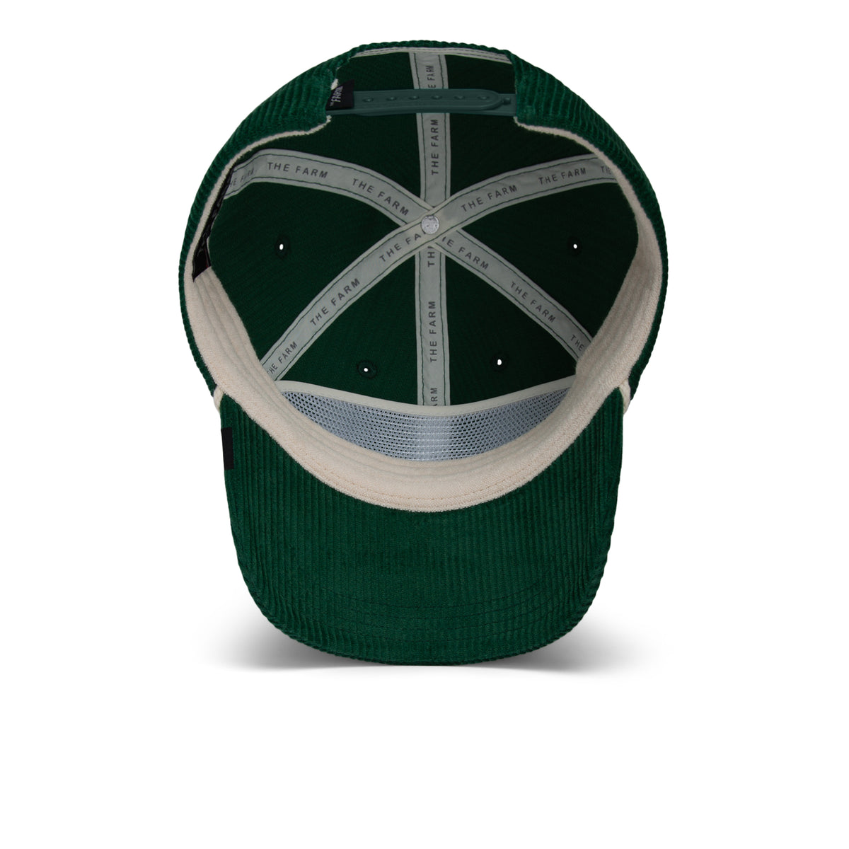 Inside view of the green wide wale corduroy “The Clubhouse” cap by Goorin Bros., showcasing the inner lining, ventilation holes, and GOORIN BROS. branding repeated on the inner bands—a subtle detail that captures the spirit of quiet luxury.