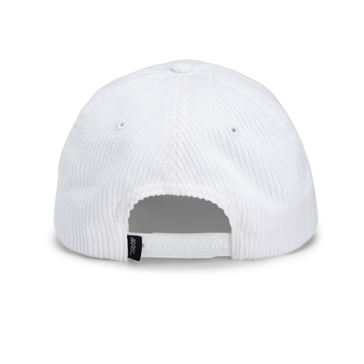 Back view of The Clubhouse by Goorin Bros., a white wide wale corduroy Papa Cap featuring an adjustable snap closure and a small black tag—an understated nod to quiet luxury.
