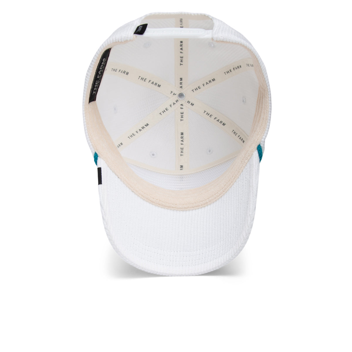 Top view of the inside of a white The Clubhouse baseball cap by Goorin Bros., showing the internal seams and GOORIN BROS. printed repeatedly on the fabric lining—a subtle nod to quiet luxury.
