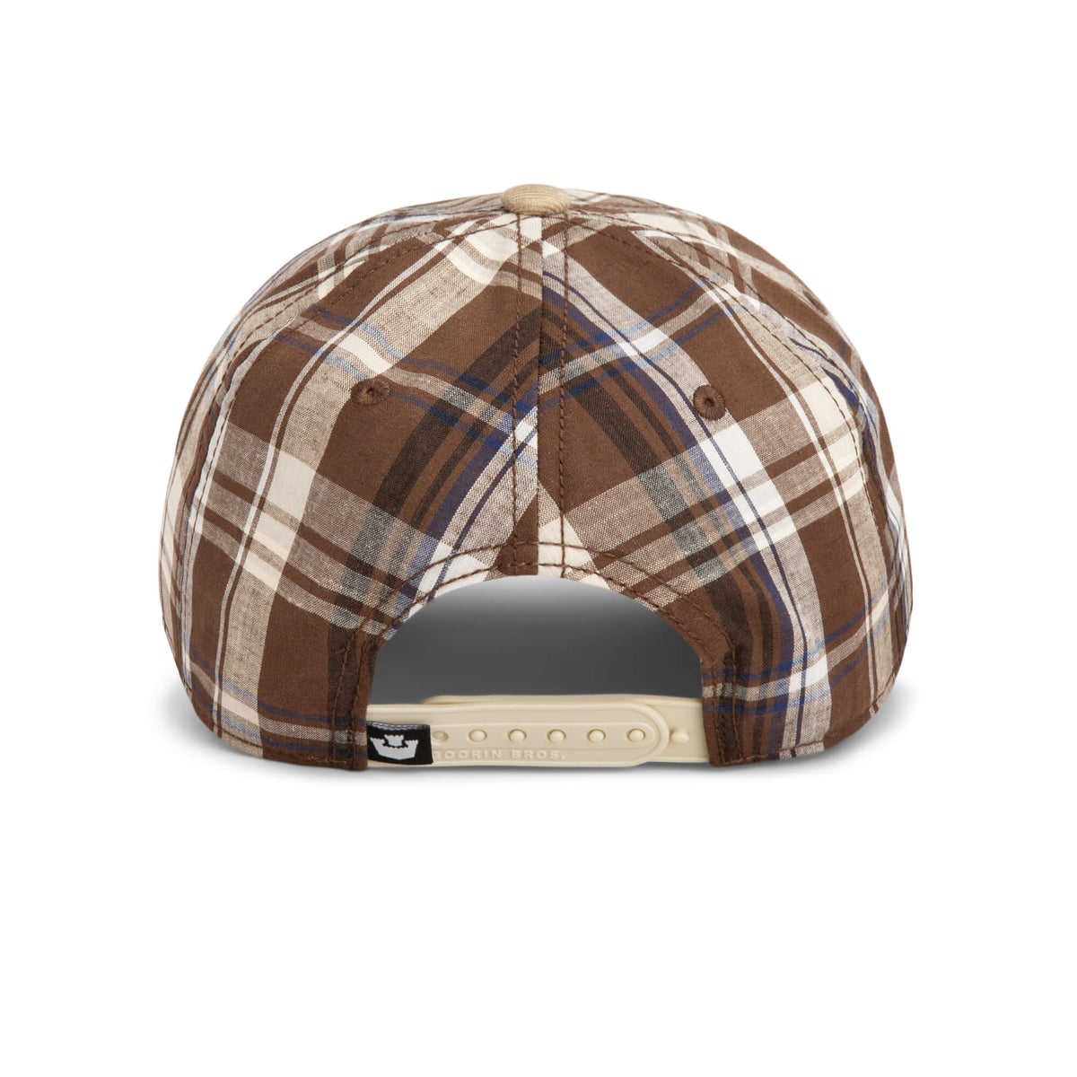 Back view of the Goorin Bros. “Ask Your Mother” Papa Cap, featuring a brown, blue, and white plaid pattern with an adjustable beige snapback closure—ideal for those seeking a relaxed hat style.
