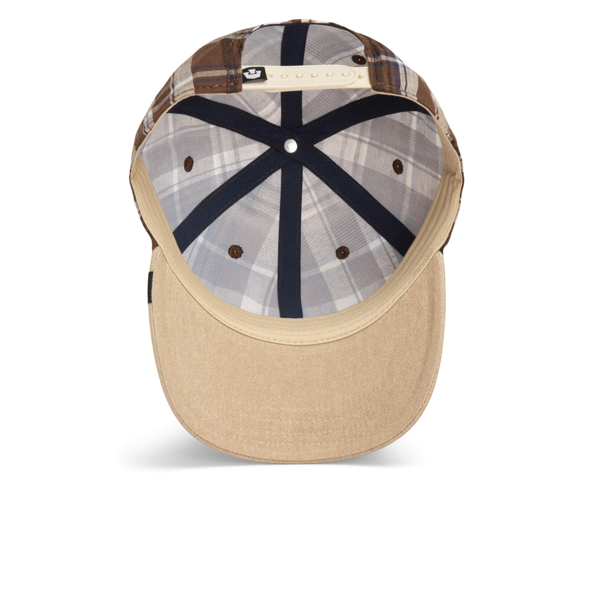 The Goorin Bros. Ask Your Mother tan plaid cap is shown from underneath, highlighting its interior structure, stitching details, and adjustable snap closure at the back—an easygoing hat inspired by the timeless Papa Cap style.