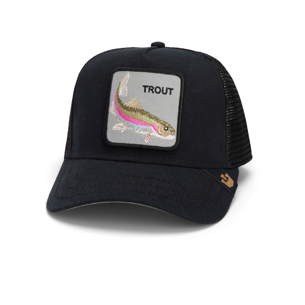 The “Catch You Later” by Goorin Bros. is a black mesh trucker hat featuring a front patch with an embroidered trout and the word “TROUT.” It includes reinforced stitching for durability, a curved brim, and a small Goorin Bros. logo on the brim’s edge.