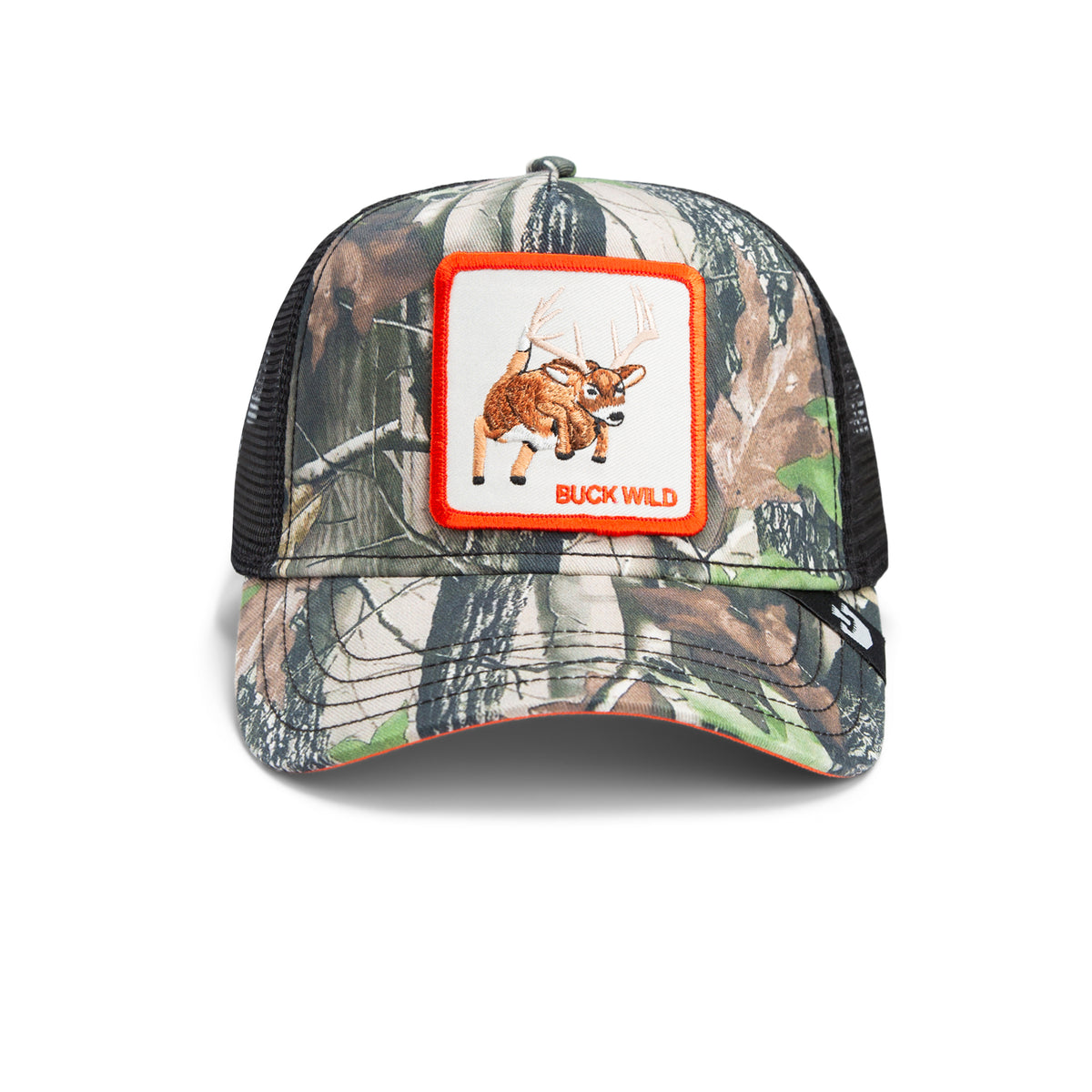 The “Spooked” camo hat by Goorin Bros. features a mesh back, a deer patch on the front, and the words BUCK WILD beneath the deer graphic, making this hunting cap an ideal choice for outdoor adventure enthusiasts.