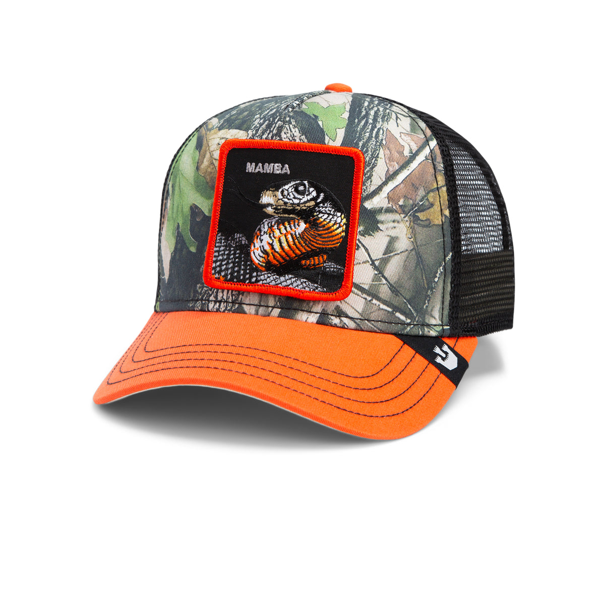 Stand out in the Ambush trucker hat by Goorin Bros.—a camo and orange cap with a mesh back, featuring a bold MAMBA snake patch front and center. A must-have for those who appreciate distinctive style.