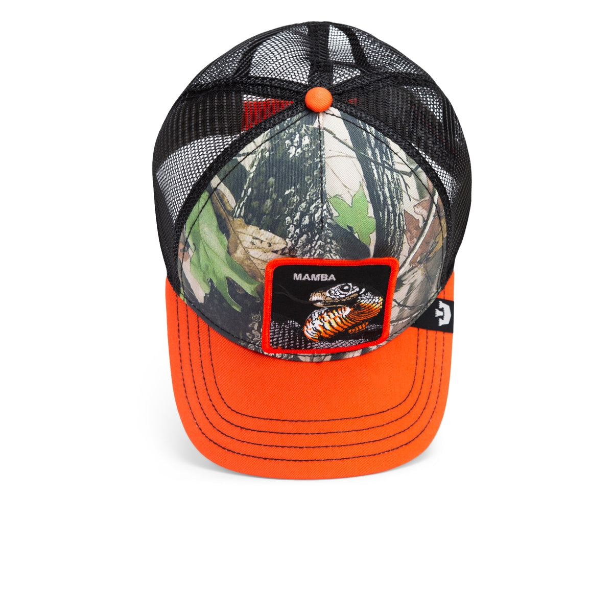 Goorin Bros. Ambush hat in orange and camouflage camo, featuring a black mesh back and a front Mamba patch with a snake image.