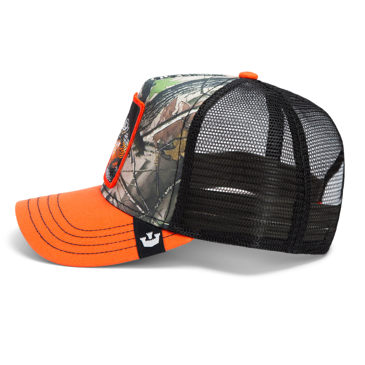Goorin Bros. Ambush is a mesh-back camo hat with an orange brim and camouflage front panel, featuring a Mamba logo patch on the side and crown.