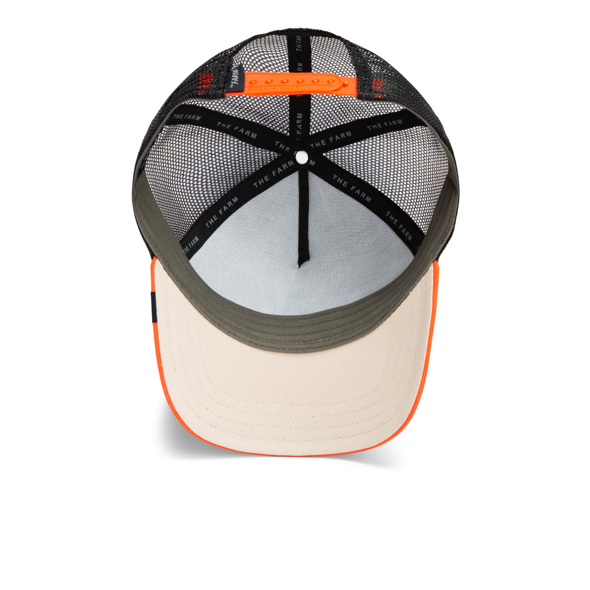 A top view of the Goorin Bros. Ambush trucker hat featuring a beige brim with orange trim, an olive green front reminiscent of a classic camo style, a black mesh back, and an orange adjustable snap closure.