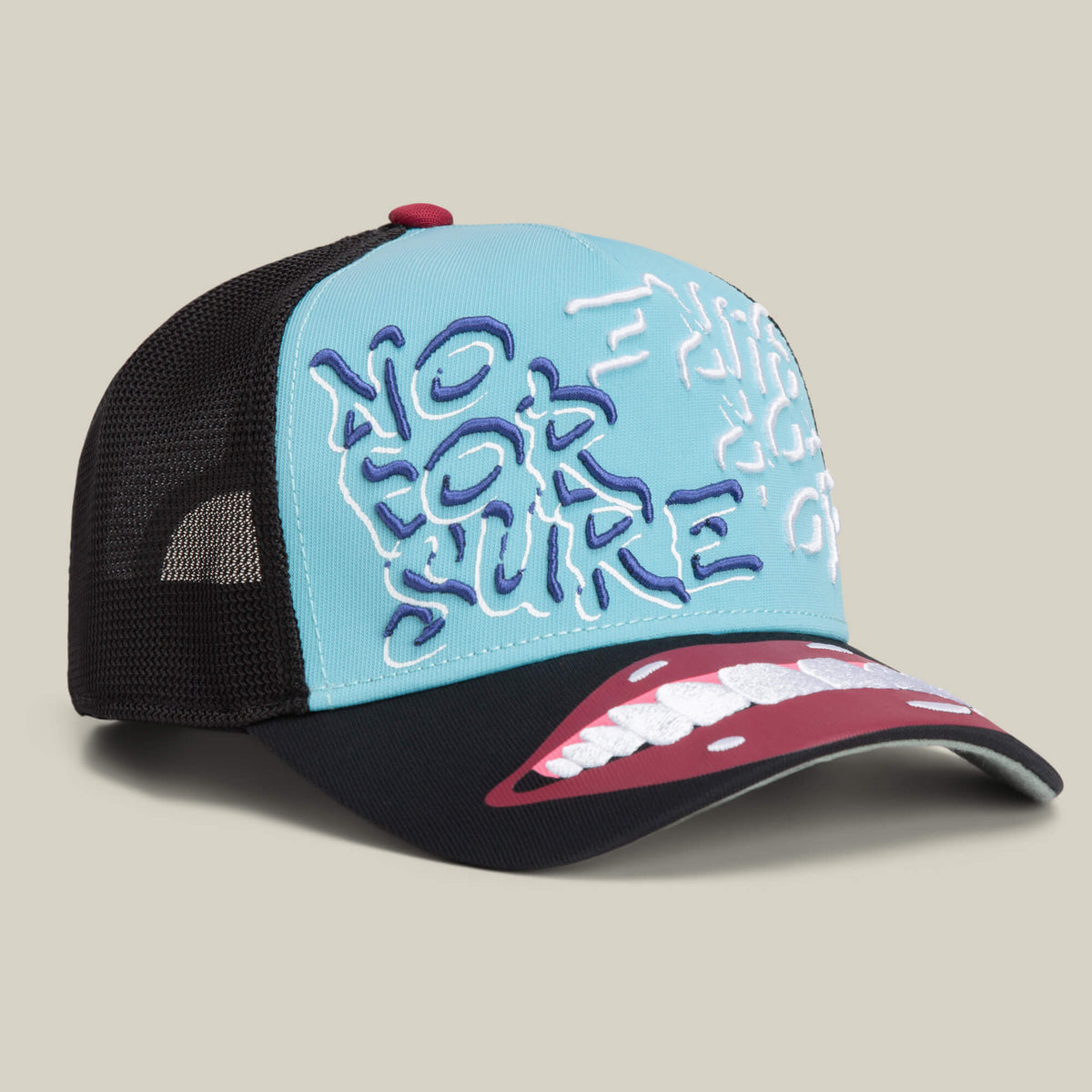 The Goorin Bros. Means Understood is a blue and black mesh trucker hat featuring "NO FOR SURE" embroidered on the front and an open mouth with teeth graphic on the brim. All sales are final.