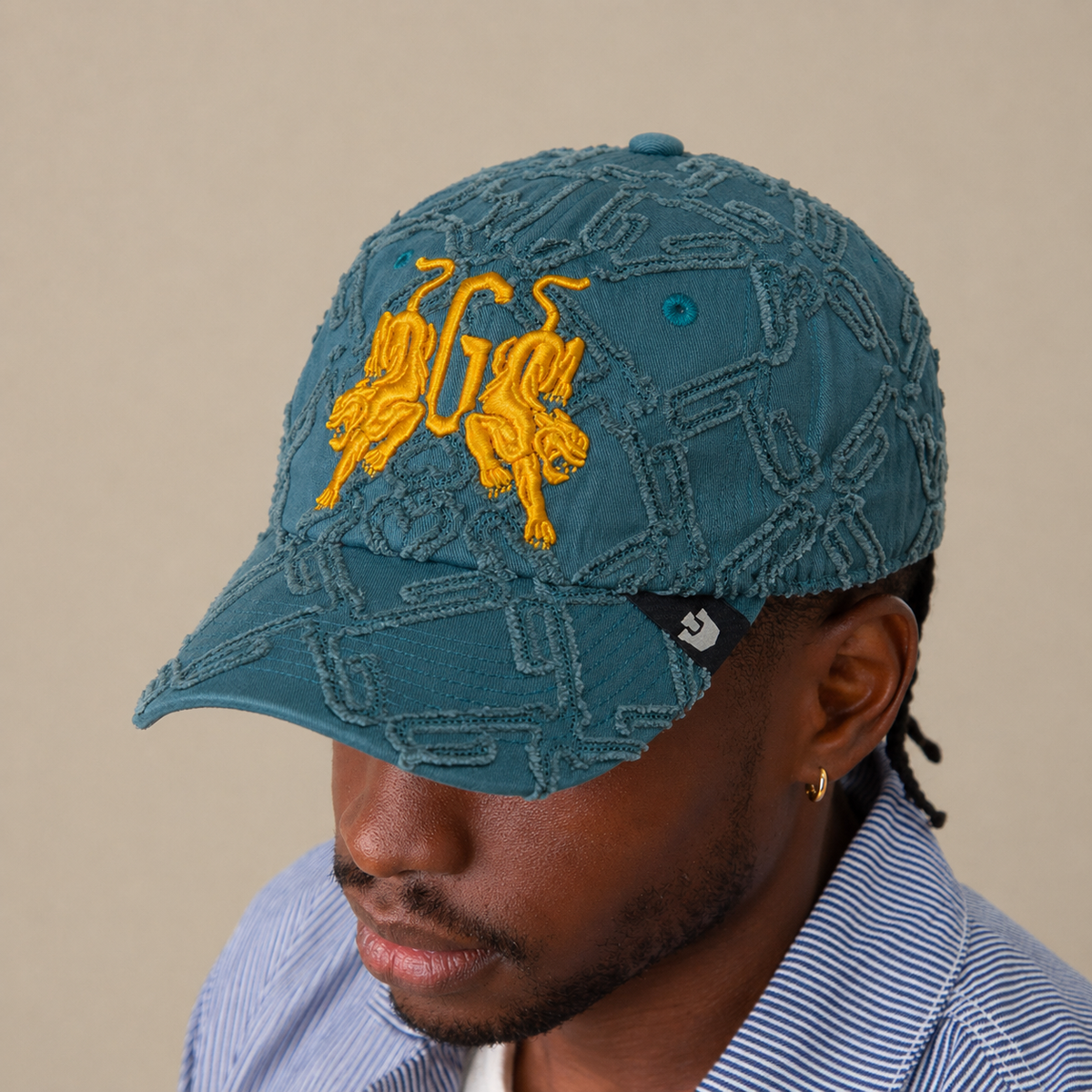 A person wears the teal "Future Baby Daddy" Papa Cap by Goorin Bros., featuring yellow embroidered lions and a bold letter G, paired with a blue and white striped shirt against a plain beige background.