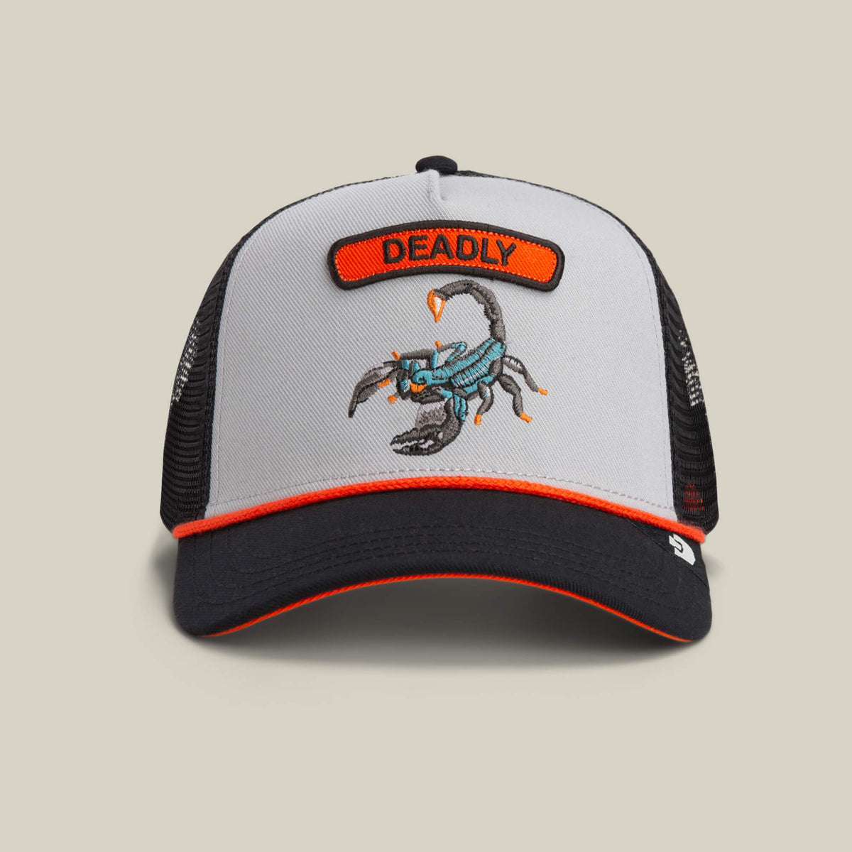 The Pop Rocker Scorpion by Goorin Bros. is a Gloss-colored hat featuring a bold scorpion graphic, orange DEADLY patch, and orange-trimmed curved brim with a black mesh back for standout style.