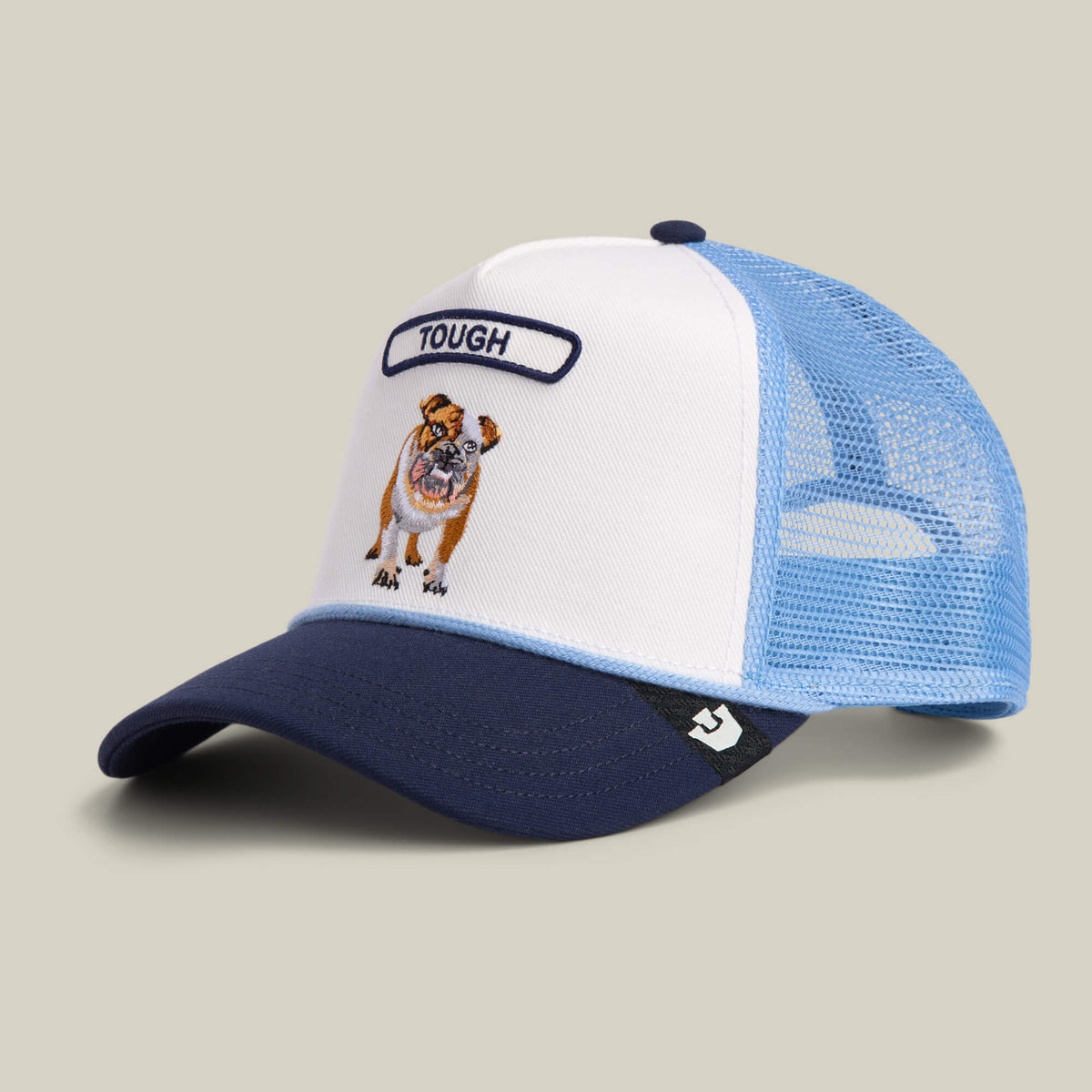 A blue and white navy mesh trucker hat by Goorin Bros., called Pop Rocker Bulldog, with a mesh back, featuring an embroidered bulldog flexing its muscles and the word TOUGH above the image.