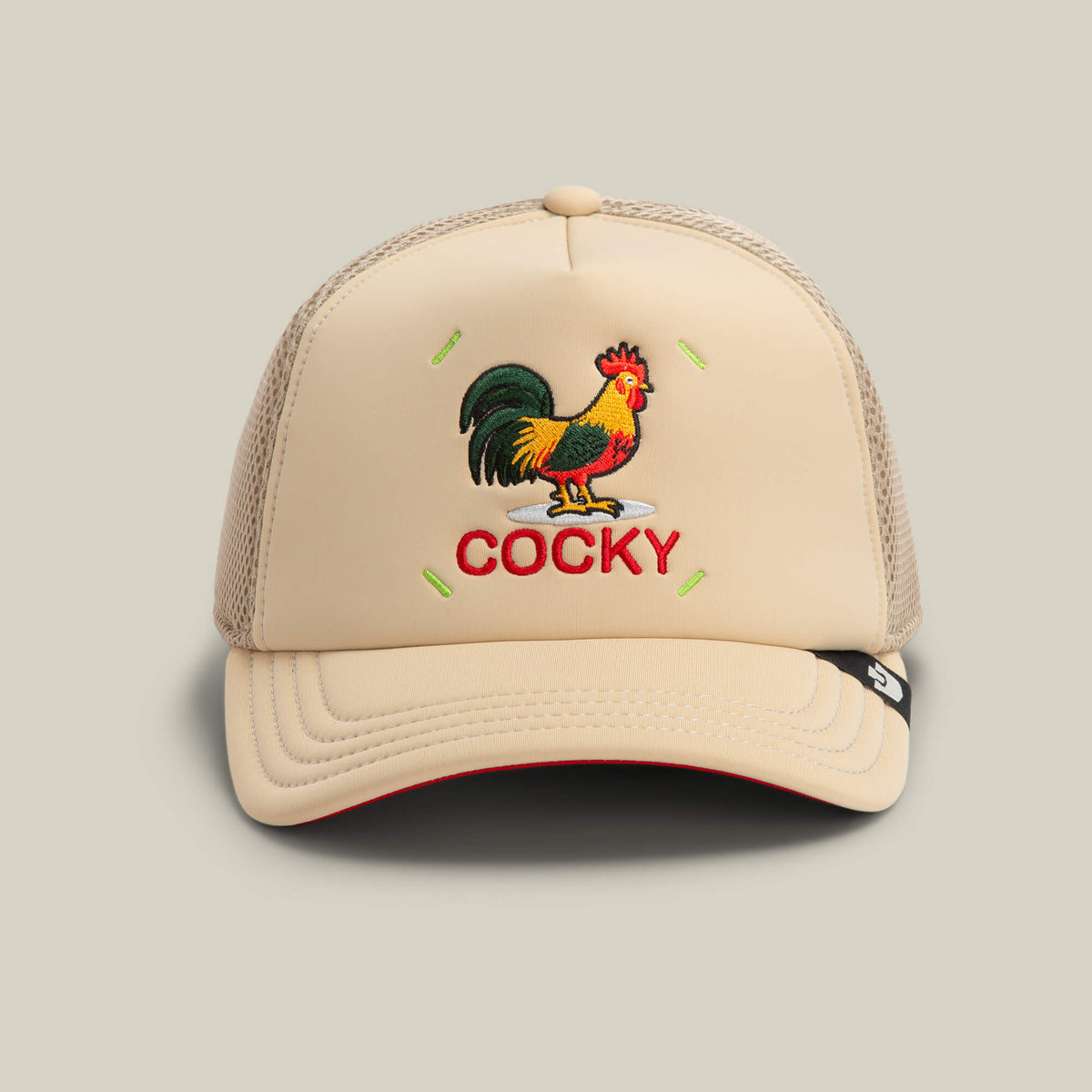The Goorin Bros. Neo Farm - Cocky Rooster hat in TOAST features an embroidered rooster above βCOCKYβ in redβideal for pairing with bold graphic tees or neutral outfits.