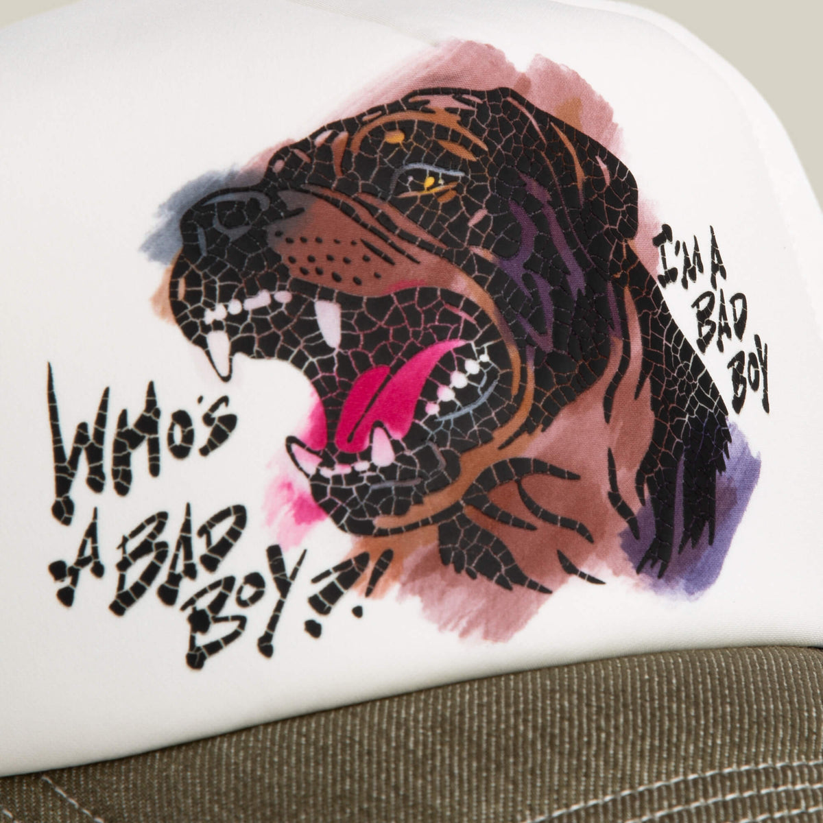 A close-up of the Goorin Bros. Bad Boy Disruption trucker hat in white, showcasing a hand-illustrated snarling dog and bold black WHOS A BAD BOY? and IM A BAD BOY text.