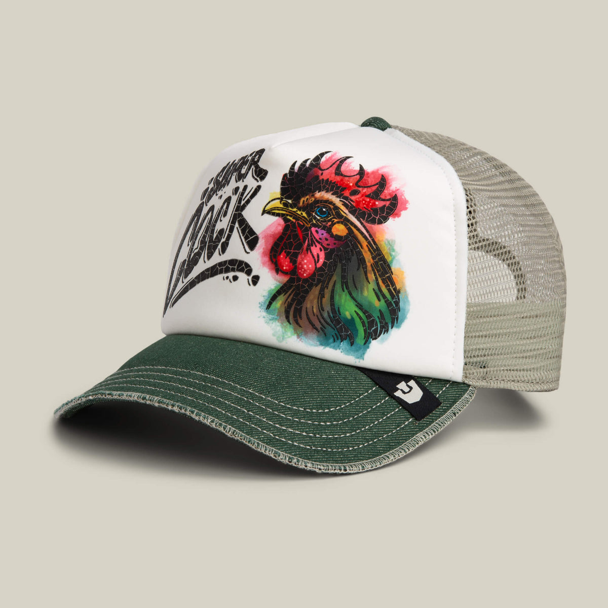 Green and white trucker cap by Goorin Bros., featuring a hand-illustrated rooster and "Super Luck" on the front panel—an eye-catching Cock Disruption hat for standout casual style.
